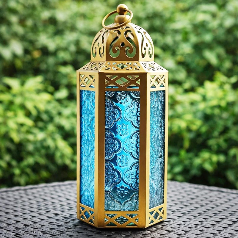VELA LANTERNS 10.5" Gold Moroccan Candle Lantern Decorative Candle Holder Lamp for Table or Hanging, Ramadan Decorations, Indoor Home Decor, Outdoor Patio or Porch, Weddings, Blue Glass, Medium - Image 1